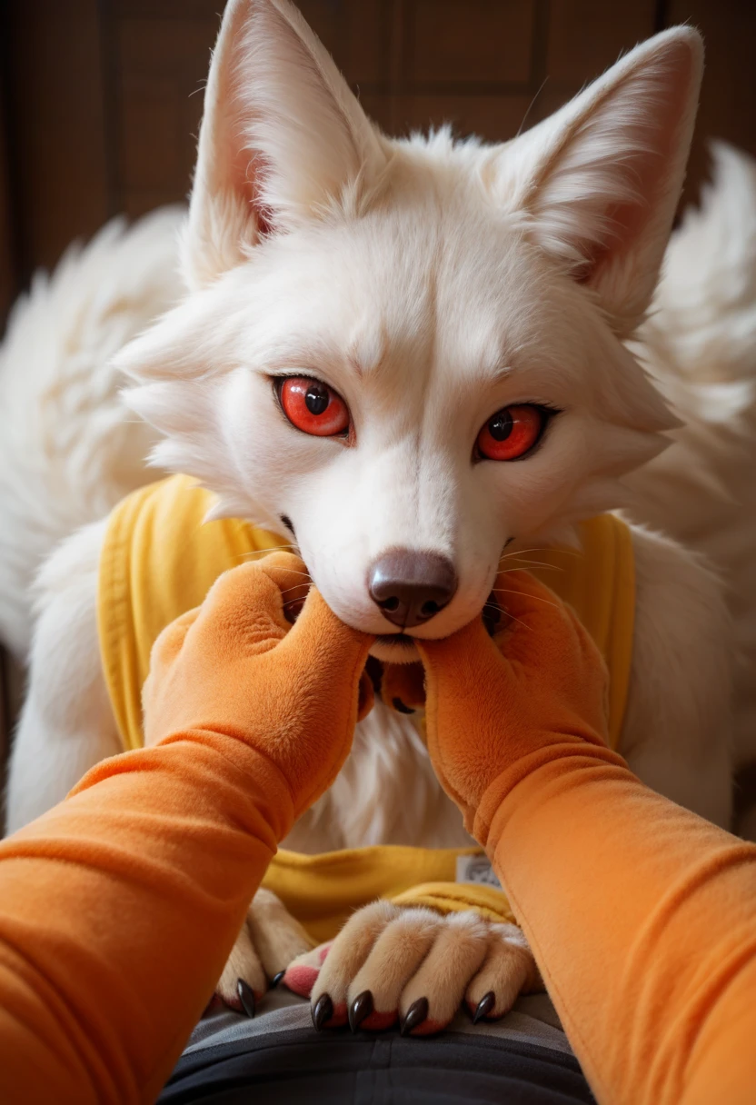 a very cute furry white fox with big red eyes( black pupils,red iris,white sclera) and a big tail, furry fantasy art, very very beautiful furry art, furry art, anthropomorphic furry art, anthro art, pov furry art, furry art!!!, art of silverfox, furry digital art, fursona furry art commission, furry wolf, furry body, furry character, furry fursona( anthro hands,4 anthro fingers, matched eyes), high details tail, realistic fur