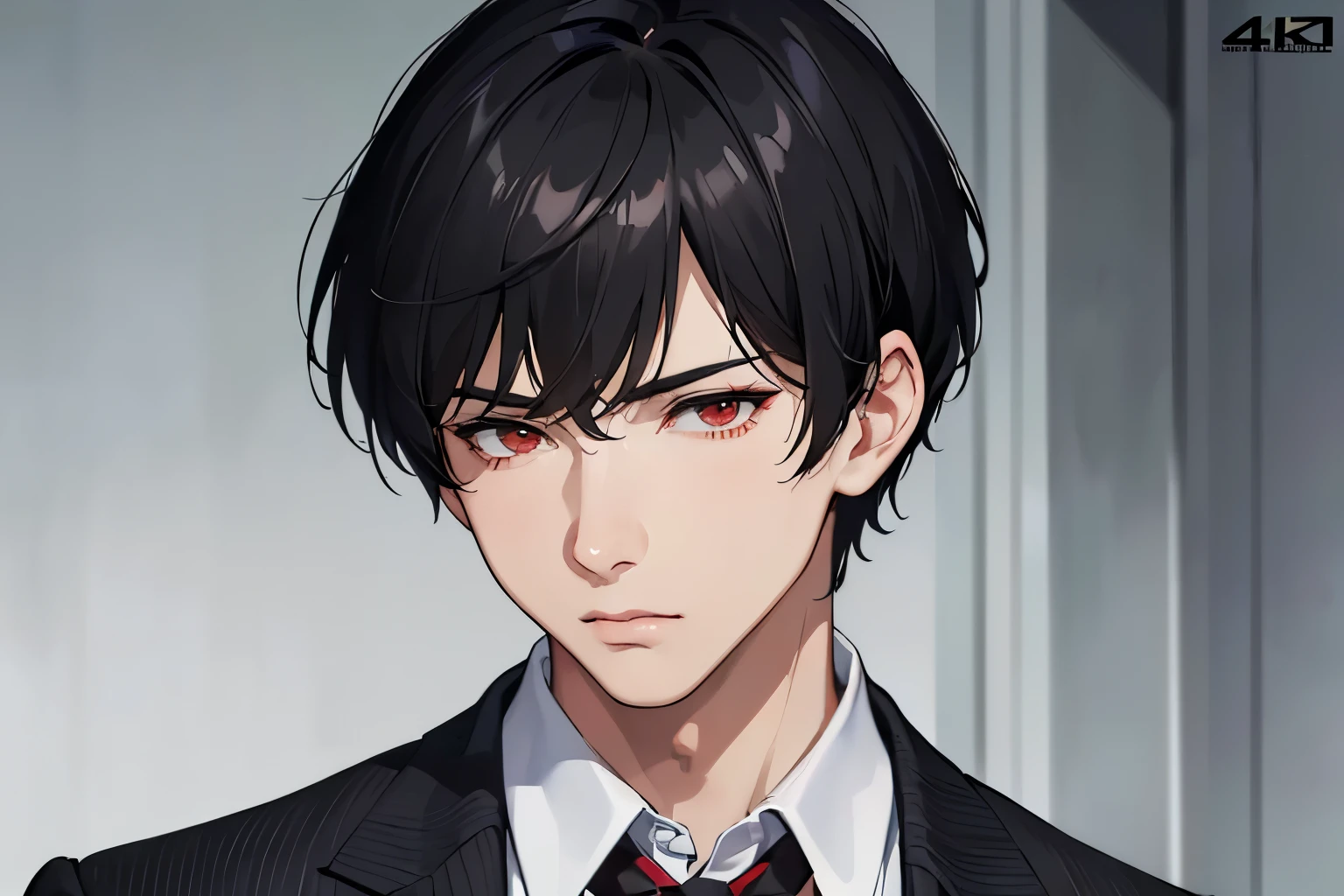 masterpiece, best quality, 1boy, red eyes, black hair, short hair, black suit, mature, suit, sharp eyes, sad, mature, masculine, detailed eyes, realistic face, realistic eyes, upper body, closed up detailed facial features, realistic and high resolution (best quality, 4k, 8k, highres, masterpiece:1.2)