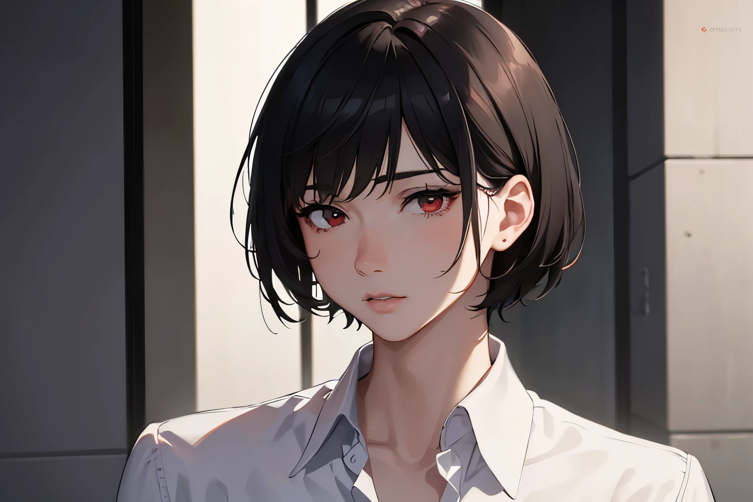 masterpiece, best quality, 1boy, red eyes, black hair, short hair, white shirt, mature, sharp eyes, sad, mature, masculine, detailed eyes, realistic face, realistic eyes, upper body, closed up detailed facial features, realistic and high resolution (best quality, 4k, 8k, highres, masterpiece:1.2), covered in blood, bruises, blood