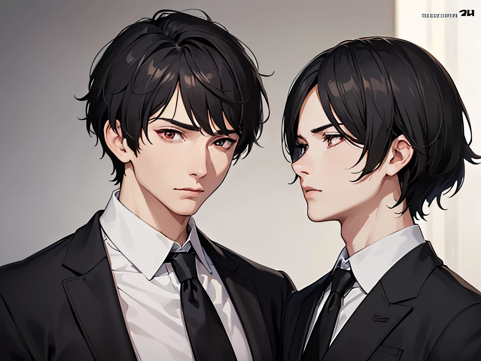 masterpiece, best quality, 1boy, red eyes, black hair, short hair, black suit, mature, suit, sharp eyes, sad, mature, masculine, detailed eyes, realistic face, realistic eyes, upper body, closed up detailed facial features, realistic and high resolution (best quality, 4k, 8k, highres, masterpiece:1.2)