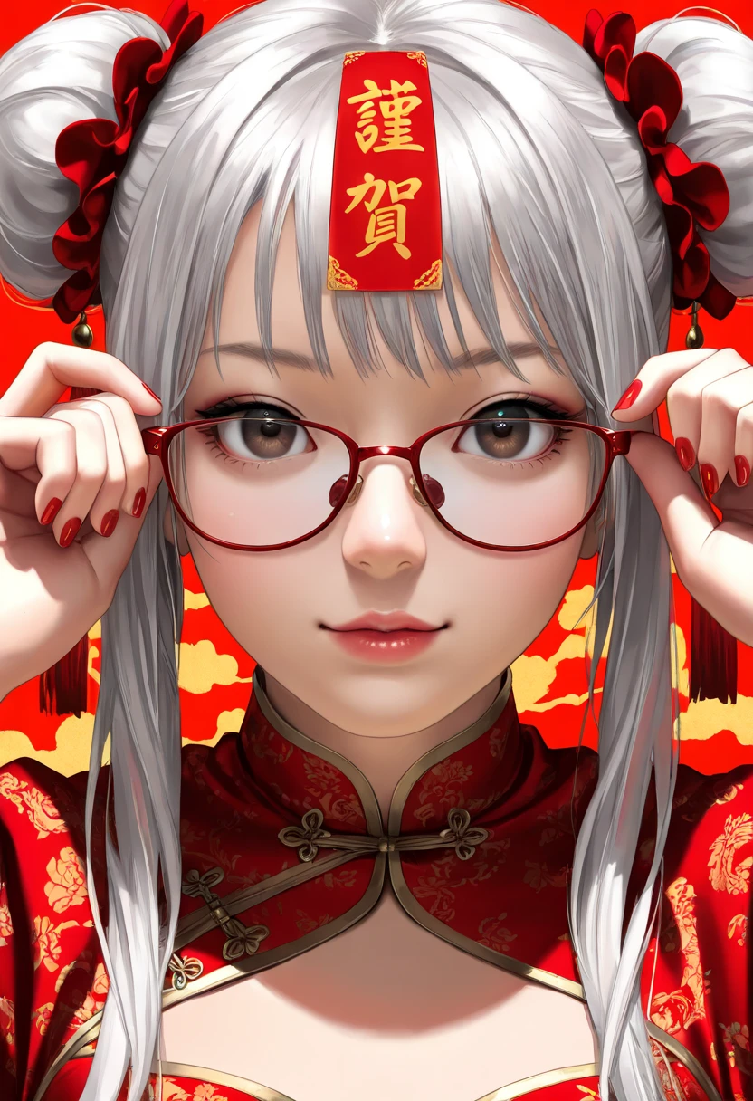 (best quality,4k,8k,highres,masterpiece:1.2),ultra-detailed,(realistic,photorealistic,photo-realistic:1.37),a beautiful black-haired girl in Chinese clothing,red background,looking at viewer,traditional Chinese dress,red qipao,Chinese style,modern Chinese fashion,red nail polish,brown eyes,beautiful detailed eyes,beautiful detailed lips,makeup,red lipstick,adjusting sunglasses,double buns,hairstyle,hair accessories,red dress,red and pink nails,simple background,2024 New Year,neon colors,studio lighting,portrait,New Year's outfit,Chinese New Year,traditional and modern fusion,highly detailed face,extremely detailed eyes and face,long eyelashes,physically-based rendering,sharp focus,vivid colors,bokeh, HDR,UHD,extreme detail description,professional,concept art,modern Chinese aesthetic,high fashion,contemporary style,Chinese cultural elements,red and gold tones,Chinese New Year 2024,Chinese traditional patterns,modern twist,Chinese elegance,stylish,graceful,high resolution,highly detailed,realism,photography,high contrast,clear details