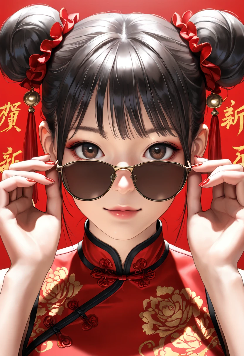 (best quality,4k,8k,highres,masterpiece:1.2),ultra-detailed,(realistic,photorealistic,photo-realistic:1.37),a beautiful black-haired girl in Chinese clothing,red background,looking at viewer,traditional Chinese dress,red qipao,Chinese style,modern Chinese fashion,red nail polish,brown eyes,beautiful detailed eyes,beautiful detailed lips,makeup,red lipstick,adjusting sunglasses,double buns,hairstyle,hair accessories,red dress,red and pink nails,simple background,2024 New Year,neon colors,studio lighting,portrait,New Year's outfit,Chinese New Year,traditional and modern fusion,highly detailed face,extremely detailed eyes and face,long eyelashes,physically-based rendering,sharp focus,vivid colors,bokeh, HDR,UHD,extreme detail description,professional,concept art,modern Chinese aesthetic,high fashion,contemporary style,Chinese cultural elements,red and gold tones,Chinese New Year 2024,Chinese traditional patterns,modern twist,Chinese elegance,stylish,graceful,high resolution,highly detailed,realism,photography,high contrast,clear details