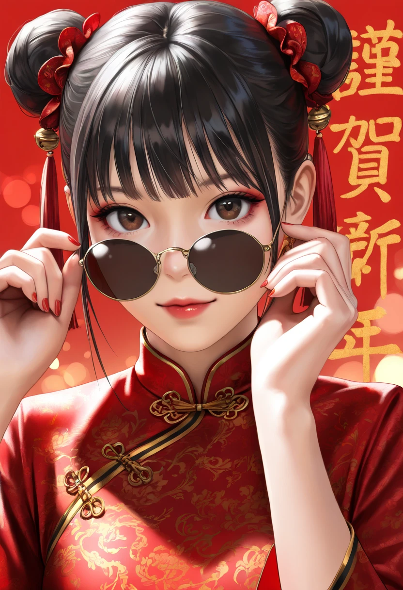 (best quality,4k,8k,highres,masterpiece:1.2),ultra-detailed,(realistic,photorealistic,photo-realistic:1.37),a beautiful black-haired girl in Chinese clothing,red background,looking at viewer,traditional Chinese dress,red qipao,Chinese style,modern Chinese fashion,red nail polish,brown eyes,beautiful detailed eyes,beautiful detailed lips,makeup,red lipstick,adjusting sunglasses,double buns,hairstyle,hair accessories,red dress,red and pink nails,simple background,2024 New Year,neon colors,studio lighting,portrait,New Year's outfit,Chinese New Year,traditional and modern fusion,highly detailed face,extremely detailed eyes and face,long eyelashes,physically-based rendering,sharp focus,vivid colors,bokeh, HDR,UHD,extreme detail description,professional,concept art,modern Chinese aesthetic,high fashion,contemporary style,Chinese cultural elements,red and gold tones,Chinese New Year 2024,Chinese traditional patterns,modern twist,Chinese elegance,stylish,graceful,high resolution,highly detailed,realism,photography,high contrast,clear details