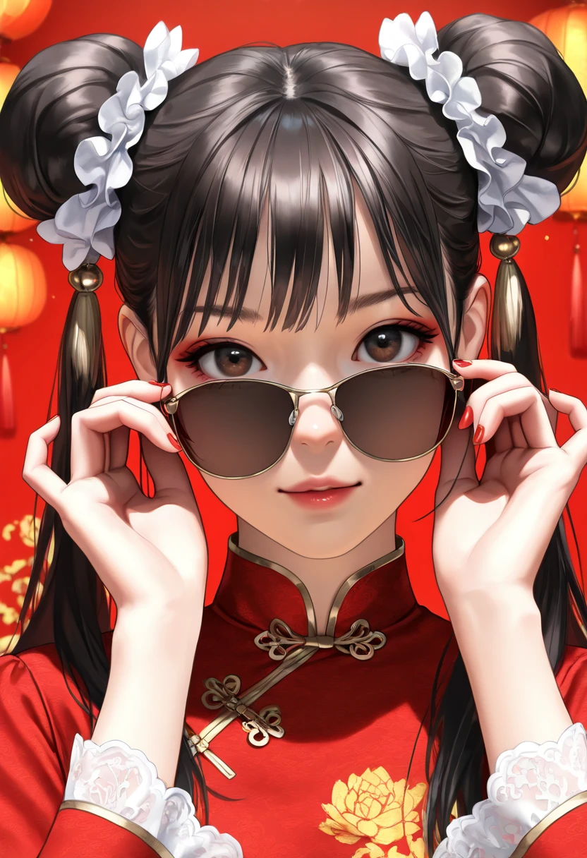 (best quality,4k,8k,highres,masterpiece:1.2),ultra-detailed,(realistic,photorealistic,photo-realistic:1.37),a beautiful black-haired girl in Chinese clothing,red background,looking at viewer,traditional Chinese dress,red qipao,Chinese style,modern Chinese fashion,red nail polish,brown eyes,beautiful detailed eyes,beautiful detailed lips,makeup,red lipstick,adjusting sunglasses,double buns,hairstyle,hair accessories,red dress,red and pink nails,simple background,2024 New Year,neon colors,studio lighting,portrait,New Year's outfit,Chinese New Year,traditional and modern fusion,highly detailed face,extremely detailed eyes and face,long eyelashes,physically-based rendering,sharp focus,vivid colors,bokeh, HDR,UHD,extreme detail description,professional,concept art,modern Chinese aesthetic,high fashion,contemporary style,Chinese cultural elements,red and gold tones,Chinese New Year 2024,Chinese traditional patterns,modern twist,Chinese elegance,stylish,graceful,high resolution,highly detailed,realism,photography,high contrast,clear details