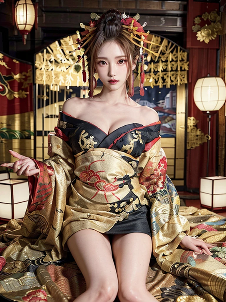 ((masterpiece(:1.4),Highest quality,Ultra-high resolution,Highest quality,8k,Very detailed,In detail)), live-action, night,Fireworks display,Japanese,Beautiful woman,Big Breasts,Flashy gal makeup,Oiran,Long-sleeved kimono,uchikake,Gold brocade,Sunny clothes,Tying up hair,hairpin,hair ornaments,can,Oiran道中,Gorgeous and luxurious,(Fireworks displayのnightに河川敷で花火を背景にしたスナップ写真),Accentuate your breasts,Pull the dress up to show your shoulders,Perfect fingertips , Perfect hands ,Bust up photo