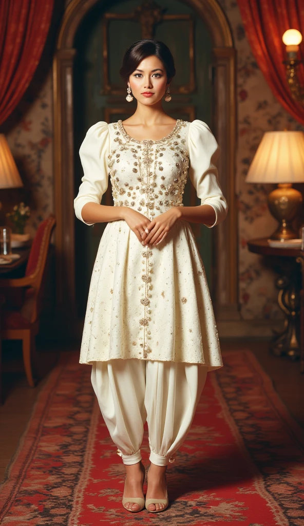 A tall and apple shape body figure korean woman stands straight gracefully at a party, camera-facing with her hands together in front of her. She is wearing a Punjabi-style outfit made of beautiful crafted pure white velvet kurti with multicolor dabka, stone and pearls fabric. The round-neck kurti has exaggerated puffy shoulders, adding dramatic flair, and foam fitting 3/4 sleeves for an elegant touch. Paired with a velvet fabric dhoti-style shalwar, the look is completed with high heels that accentuate her poised stance, exuding sophistication and allure.