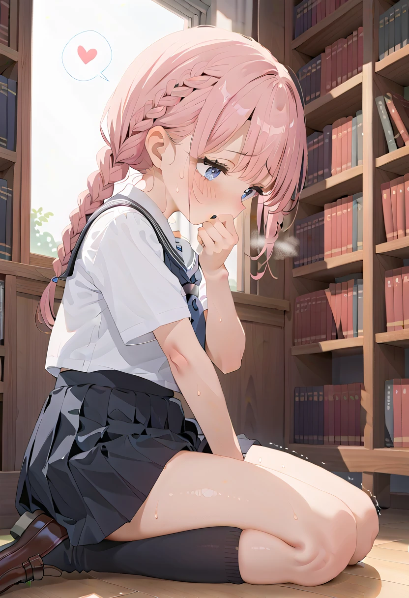 (masterpiece,beautiful,hughres,CG,8k,16k,best quality,high-resolution,detailed eyes:1.5),anime,source anime,illustration,face focus,(from side:1.4),(1girl,Alone:1.5),(evening,school,Library,Bookshelf:1.5), Dark Room,(On the floor:1.4),(Bookshelfに寄りかかる:1.3),Glass window,(An open book is placed on the floor:1.4),(head down:1.2),profile,(pink hair:1,5),blue eyes,(ahoge:0.2),(braided hair,twintails,bangs:1.4),( thighs:1.4),(school uniform,white shirt,pleated skirt,black skirt,black thighhighs,school shoes:1.3),(white panties:1.4),small breasts,(sitting),(My legs:1.4),(knees to chest:1.1),hand over own mouth, covering own mouth,(female masturbationm,MASTURBATING UNDER PANTIES:1.3),(female orgasm,pussy juice:1.1),(trembling:1.4),(gasping,heavy breathing,blush:1.5),(impatience1.1),flustered,(fidgeting around:1.4),(steam:1.2),(sweat skin,sweat:1.4),(streaming tears:1.3),(drooling:1.1),(looking away:0.5),(looking down:1.4),(spoken heart:1.3),(narrow one's eyes:1.6)