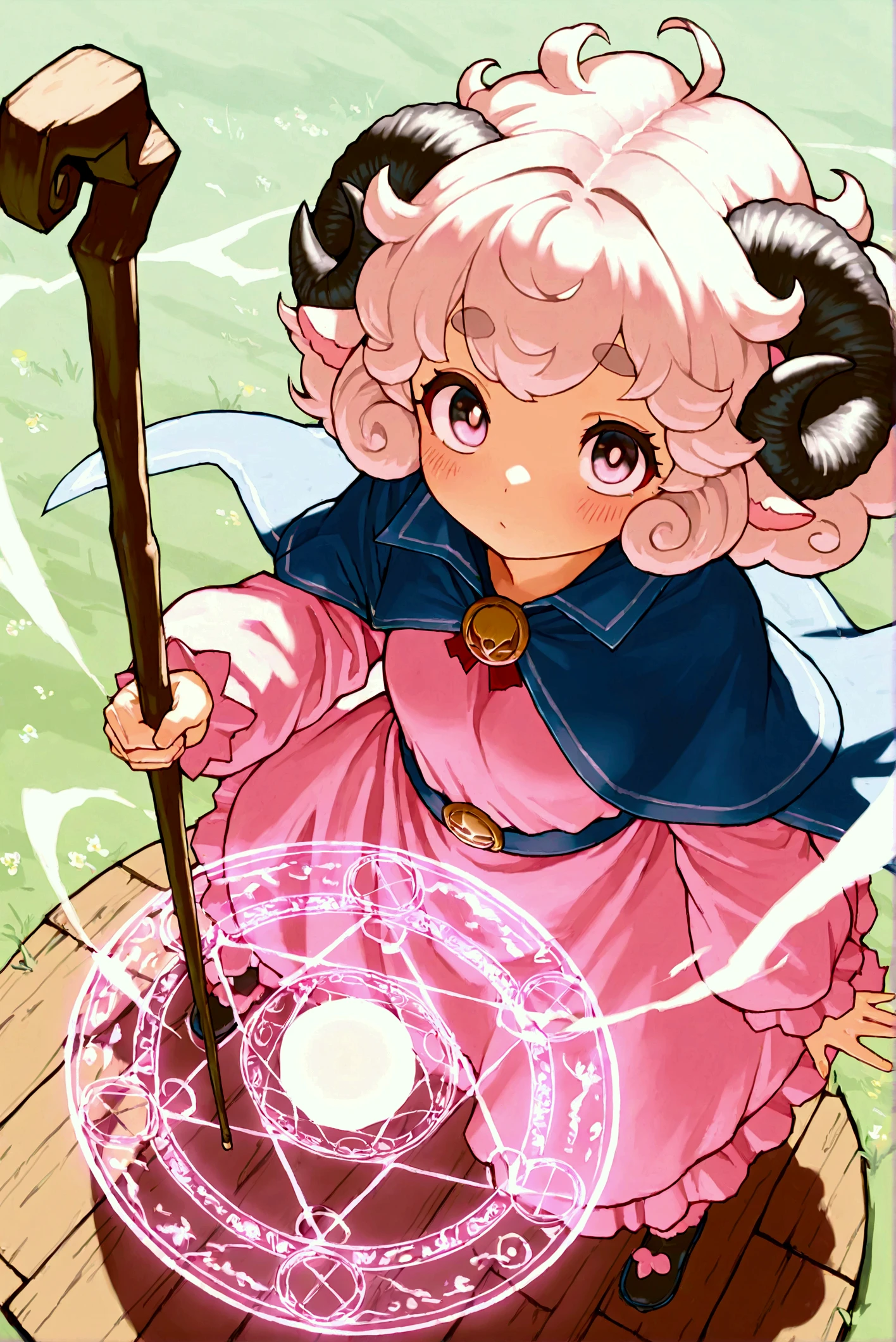 very awa:1.3, masterpiece:1.4, 1girl,  pink fluffy hair, round sheep horn , Thick eyebrows,  wizardの帽子,  wizardのローブ,  wizard, Wooden walking stick, Wind Magic, Hold up the cane , Cast spells , The wind blows,  spawn a magic circle at your feet