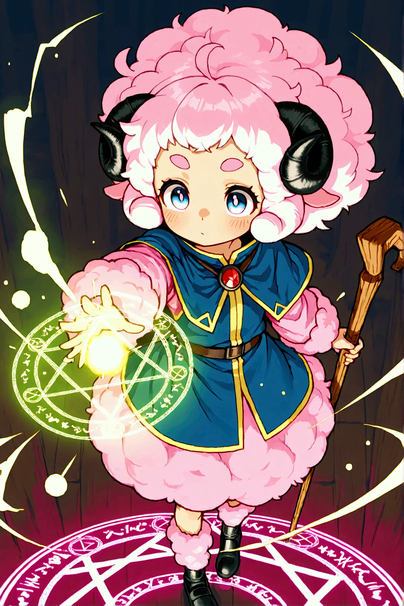 very awa:1.3, masterpiece:1.4, 1girl,  pink fluffy hair, round sheep horn , Thick eyebrows,  wizardの帽子,  wizardのローブ,  wizard, Wooden walking stick, Wind Magic, Hold up the cane , Cast spells , The wind blows,  spawn a magic circle at your feet