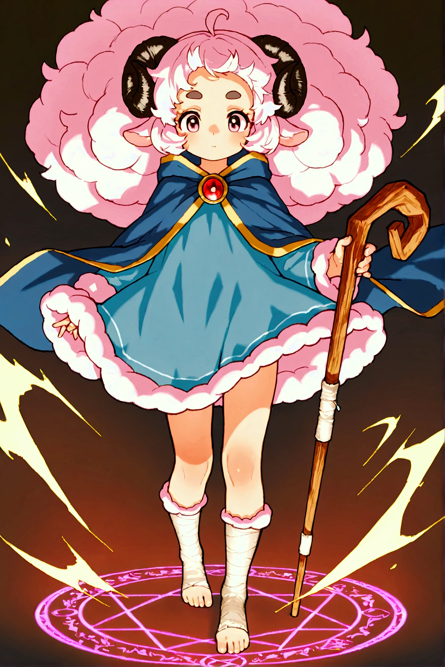 very awa:1.3, masterpiece:1.4, 1girl,  pink fluffy hair, round sheep horn , Thick eyebrows,  wizardの帽子,  wizardのローブ,  wizard, Wooden walking stick, Wind Magic, Hold up the cane , Cast spells , The wind blows,  spawn a magic circle at your feet