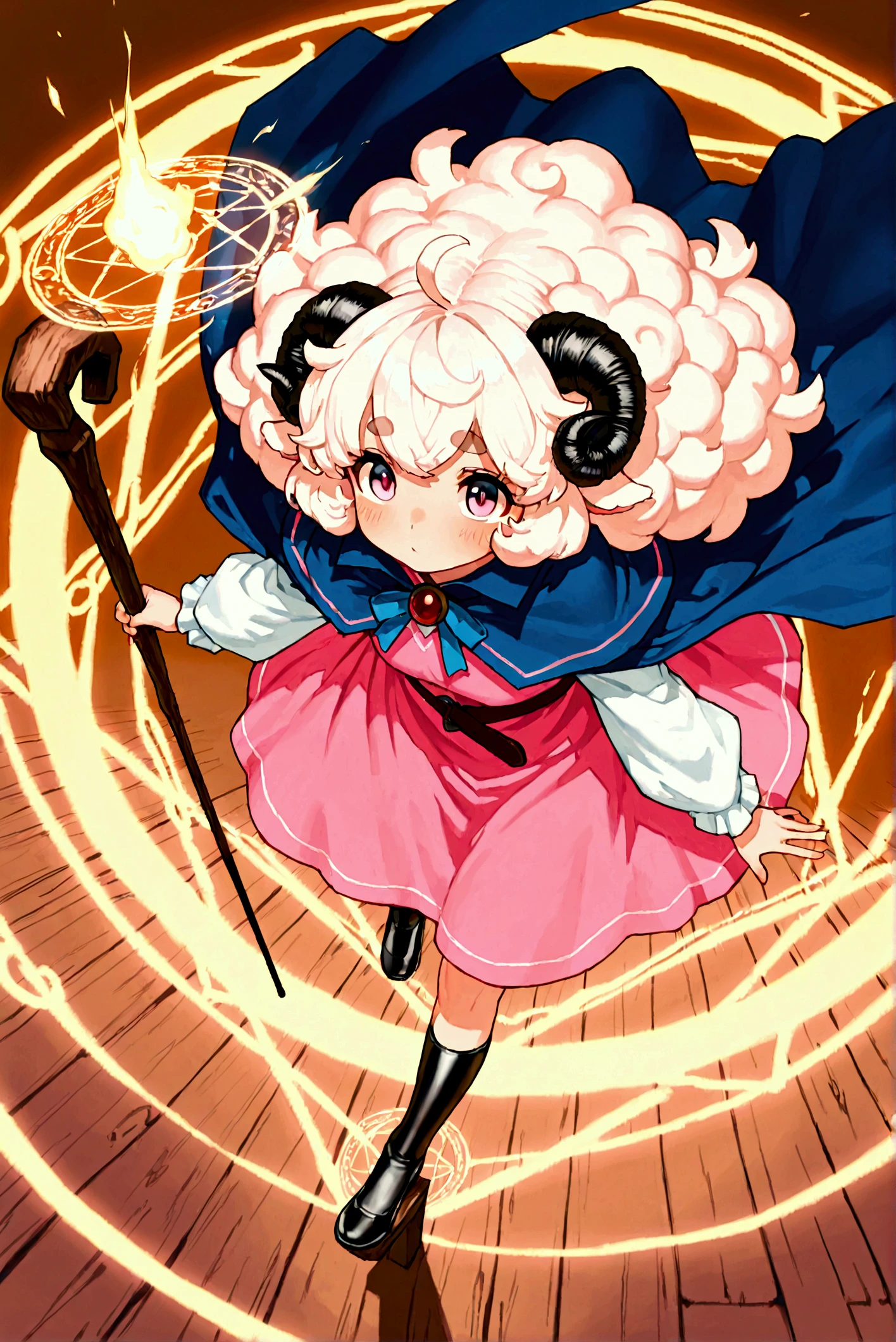 very awa:1.3, masterpiece:1.4, 1girl,  pink fluffy hair, round sheep horn , Thick eyebrows,  wizardの帽子,  wizardのローブ,  wizard, Wooden walking stick, Wind Magic, Hold up the cane , Cast spells , The wind blows,  spawn a magic circle at your feet