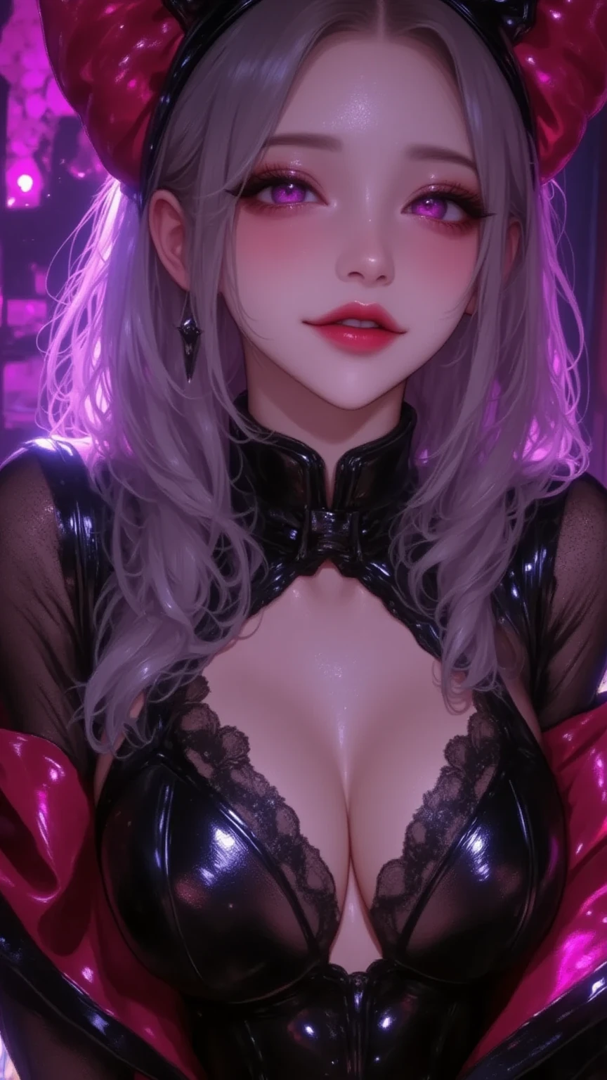 1 mature woman,(masterpiece:1.3, top quality:1.3, very detailed depiction:1.3, Incredibly High Resolution :1.3,8k, Beautiful images as in the picture ),( Bewitching and beautiful succubus ),( long silvery hair , Attractive Perfect Female Proportions,High quality skin, Girls with Extremely Beautiful and Detailed Faces , beautiful faces),( bewitching smile , wicked smile, Sadistic , erotic,Seductive eyes:1.3, purple eyes,Eyes depicted in every detail , Eyes that exude enchanting magic , Eye of Seduction, eyelash ,Temptation to depravity ,Glossy lipstick),( provocative,Enchanted, fascinated , excited, naughty face :1.2),blush,face focus:2.5, Super beautiful detailed backgrounds ,Sexy cutout,Close-up of the subject, face up image :2.0