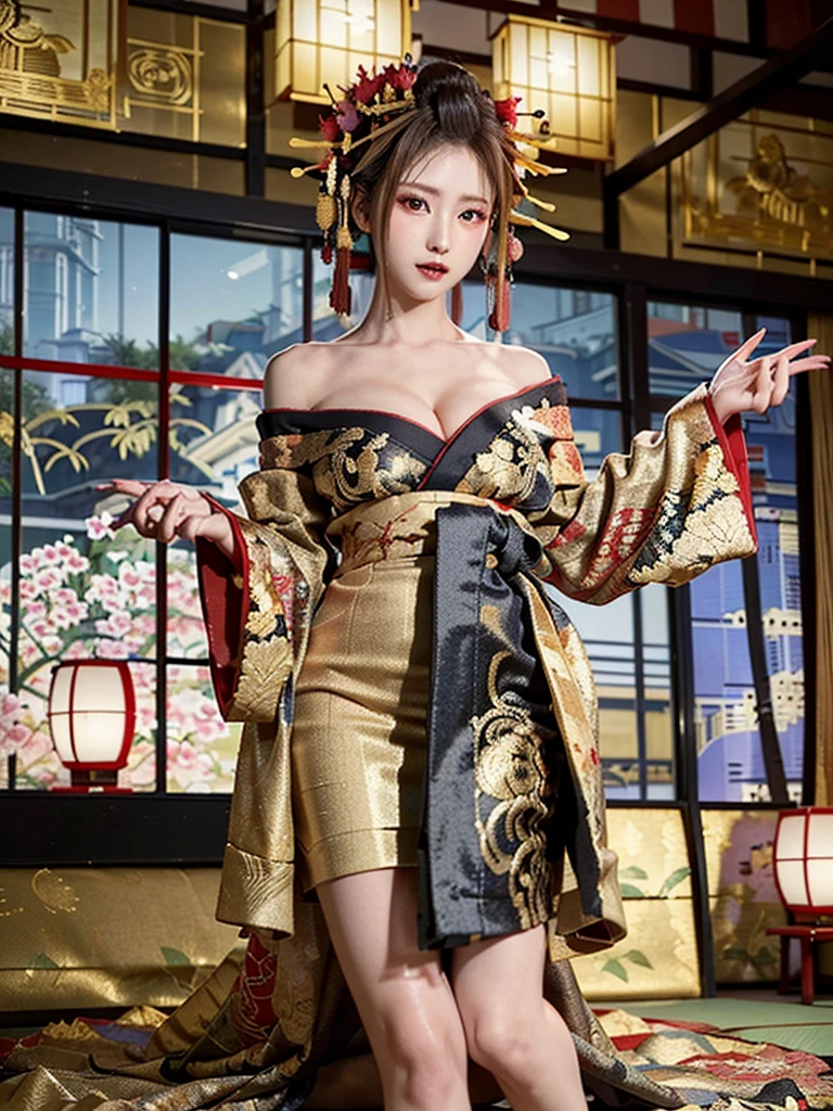 Within an opulent setting, a woman commands attention in the lavish beauty of a black and gold kimono. The rich black fabric, adorned with intricate golden patterns, drapes her figure with regal elegance. The obi, a resplendent band of gold, cinches her waist, adding a touch of grandeur to the traditional ensemble. In this fully-covered attire, she emanates an air of opulence, capturing the enduring beauty of a woman in a sumptuous black and gold kimono amidst the luxurious surroundings