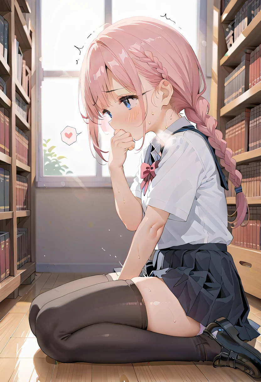 (masterpiece,beautiful,hughres,CG,8k,16k,best quality,high-resolution,detailed eyes:1.5),anime,source anime,illustration,face focus,(from side:1.4),(1girl,Alone:1.5),(evening,school,Library,Bookshelf:1.5), Dark Room,(On the floor:1.4),(Bookshelfに寄りかかる:1.3),Glass window,(An open book is placed on the floor:1.5),(See open books:1.2),(head down:1.2),profile,(pink hair:1,5),blue eyes,(ahoge:0.2),(braided hair,twintails,bangs:1.4),( thighs:1.4),(school uniform,white shirt,pleated skirt,black skirt,black thighhighs,school shoes:1.3),(white panties:1.4),small breasts,(sitting),(My legs:1.4),(knees to chest:1.1),hand over own mouth, covering own mouth,(female masturbationm,MASTURBATING UNDER PANTIES:1.3),(female orgasm,pussy juice:1.1),(trembling:1.4),(gasping,heavy breathing,blush:1.5),(impatience1.1),flustered,(fidgeting around:1.4),(steam:1.2),(sweat skin,sweat:1.4),(streaming tears:1.3),(drooling:1.1),(looking away:0.5),(looking down:1.4),(spoken heart:1.3),(narrow one's eyes:1.6)