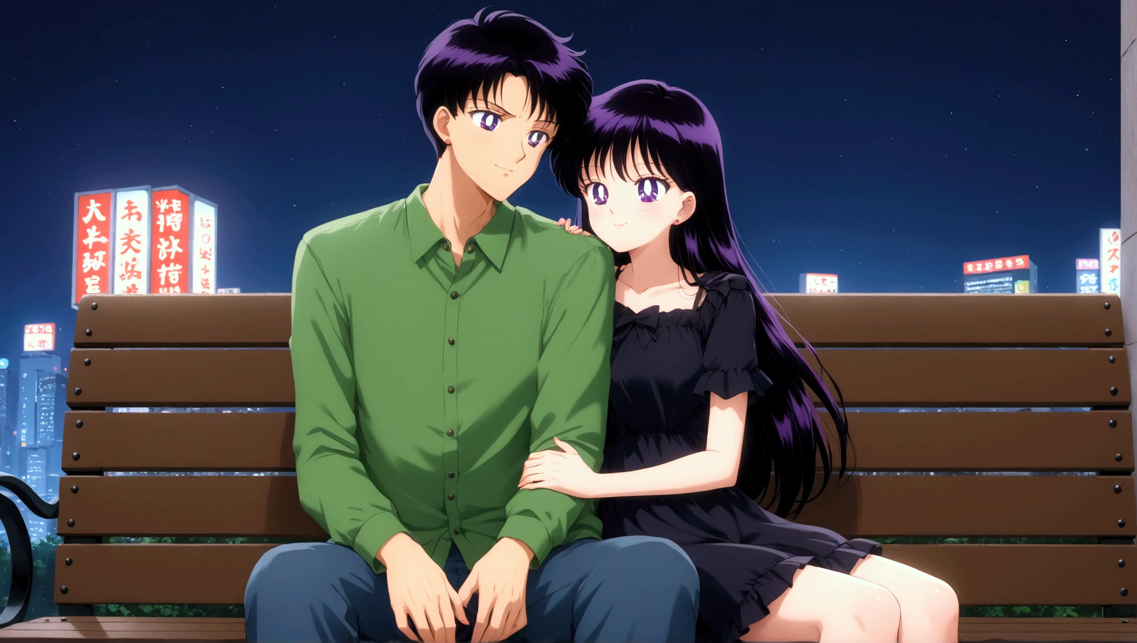 (masterpiece, best quality, very aesthetic , ultra detailed), intriguing details, 1boy and 1girl, chiba_mamoru, black hair, short hair, casual wearing, tokyo city, sit on the bench, hugging, hug, 
((BREAK)) 
Aamars, black hair, long hair, purple eyes, black mini dress, green jacket, smile, night