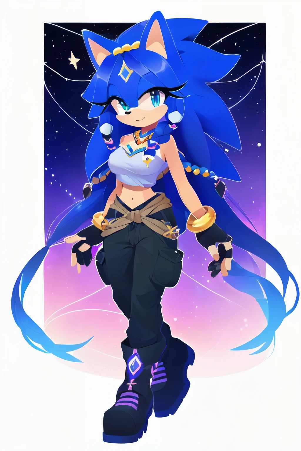 Sonic oc, Mobian, female, sonic the hedgehog but female, Cosmic hedgehog, A beautiful light blue hedgehog, purplish blue eyes, very long hair/quills, braided and beaded long hair bangs, long streaks of hair on each side of her face, (star constellation on hair, beads on hair, smooth fur, slim thick hourglass body, slim fit, wearing a grey baggy shirt, black cargo pants, white linen tied on the waist, boots, fingerless gloves, beaded hair and rings on hair flowing hair,
