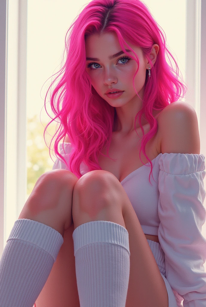 Sexy girl, long pink hair, tight miniskirt, plain tank top, prominent nipples, sitting in sexy pose on a park bench (art inspired by Bill Sienkiewicz). oil painting)