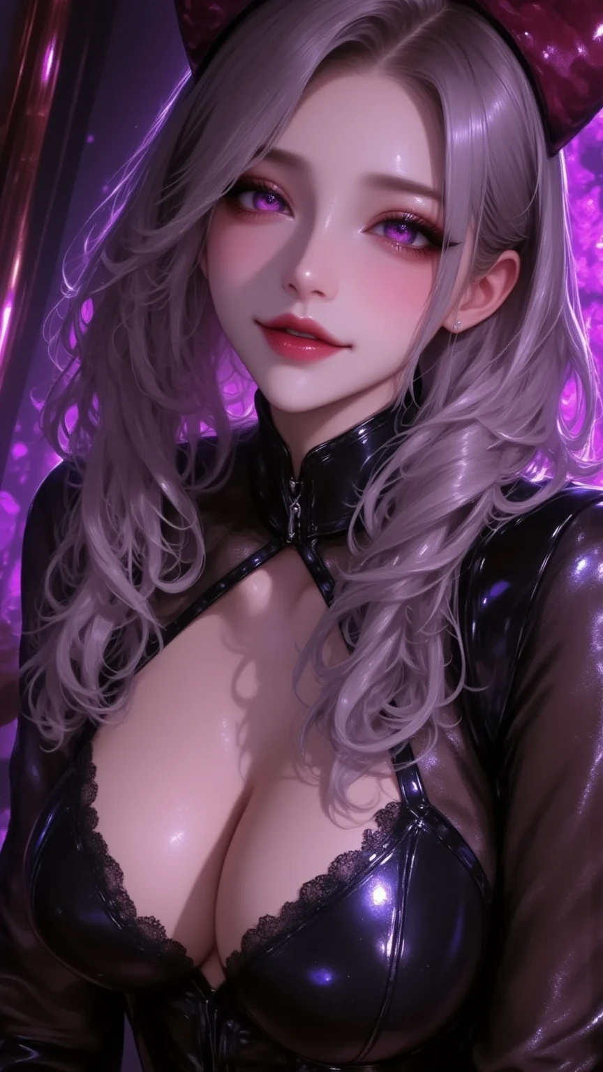 1 mature woman,(masterpiece:1.3, top quality:1.3, very detailed depiction:1.3, Incredibly High Resolution :1.3,8k, Beautiful images as in the picture ),( Bewitching and beautiful succubus ),( long silvery hair , Attractive Perfect Female Proportions,High quality skin, Girls with Extremely Beautiful and Detailed Faces , beautiful faces),( bewitching smile , wicked smile, Sadistic , erotic,Seductive eyes:1.3, purple eyes,Eyes depicted in every detail , Eyes that exude enchanting magic , Eye of Seduction, eyelash ,Temptation to depravity ,Glossy lipstick),( provocative,Enchanted, fascinated , excited, naughty face :1.2),blush, focus your eyes:2.5, Super beautiful detailed backgrounds ,Sexy cutout,Close-up of the subject:2.5, face up image :2.0