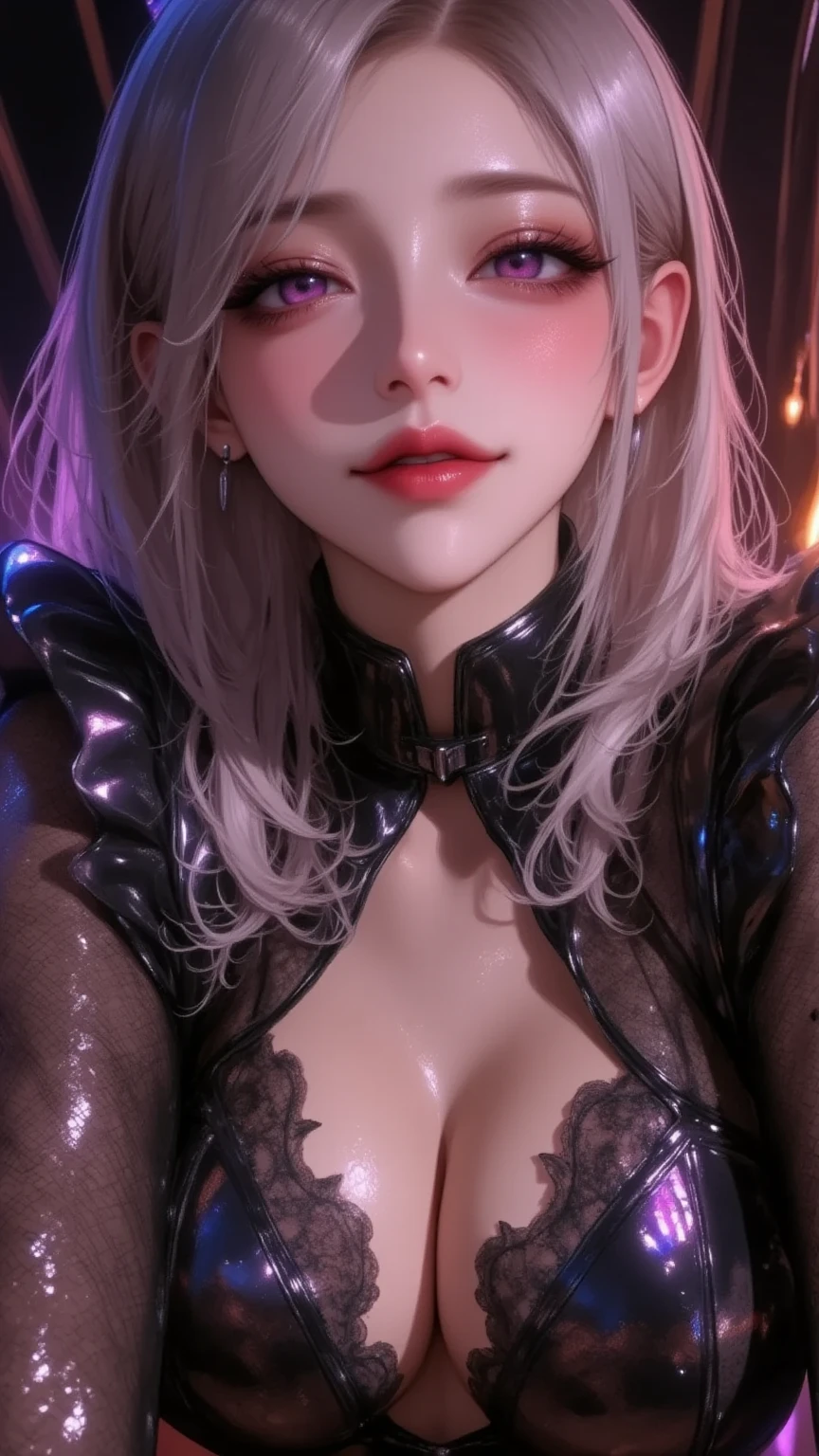 1 mature woman,(masterpiece:1.3, top quality:1.3, very detailed depiction:1.3, Incredibly High Resolution :1.3,8k, Beautiful images as in the picture ),( Bewitching and beautiful succubus ),( long silvery hair , Attractive Perfect Female Proportions,High quality skin, Girls with Extremely Beautiful and Detailed Faces , beautiful faces),( bewitching smile , wicked smile, Sadistic , erotic,Seductive eyes:1.3, purple eyes,Eyes depicted in every detail , Eyes that exude enchanting magic , Eye of Seduction, eyelash ,Temptation to depravity ,Glossy lipstick),( provocative,Enchanted, fascinated , excited, naughty face :1.2),blush, focus your eyes:2.5, Super beautiful detailed backgrounds ,Sexy cutout,Close-up of the subject:2.5, face up image :2.0