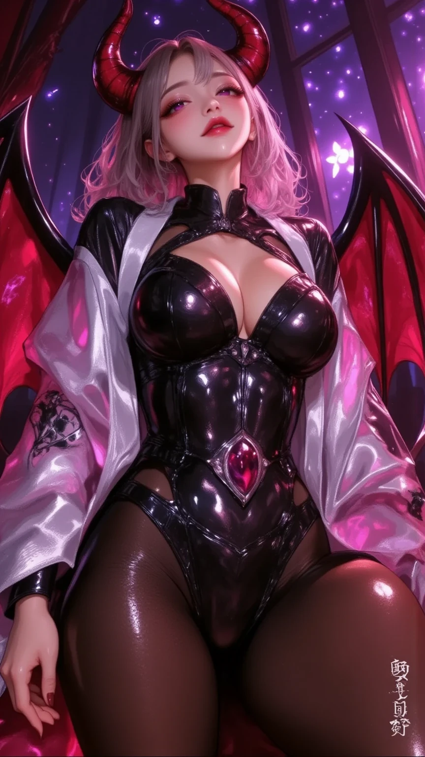 1 mature woman,(masterpiece, top quality, very detailed depiction, Incredibly Absurd High Resolution ,),(Devil horns,Devil&#39;s Wings:1.3),(Devil Wears Kimono , evil , Japanese Kimono and Bodysuit Fusion , Beautifully Detailed Brightly Colored Kimono , very shiny wrinkled clothes ,gem,High quality skin,Reflective fabric),( long silvery hair ,魅力的な Perfect Female Proportions , enchanting smile, cleavage in years, Perfect Female Proportions , Ideal Body Proportions, Attractive Proportions, Tight Woman , curvy , Girls with Extremely Beautiful and Detailed Faces ,face focus,( evil な笑顔, Sadistic , erotic,Seductive eyes:1.3, purple eyes),( provocative,Enchanted, fascinated , excited, naughty face :1.2),blush, Super beautiful detailed backgrounds ,Sexy cutout, point of view looking up from directly below:2.0, look down:2.0, break 「 Happy New Year」A message board with the message