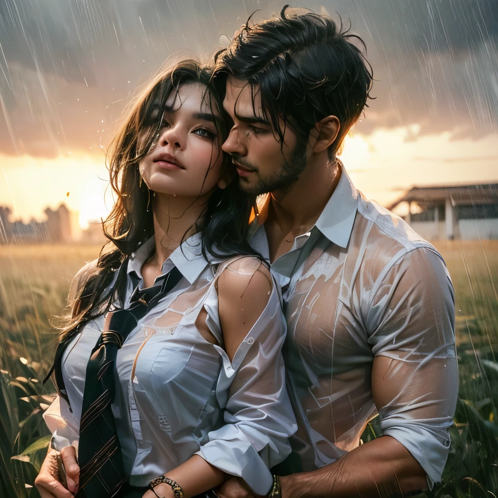 realistic art, there are (woman with large round breast wearing black luxury bra) and her (((handsome muscular short hair masculine alpha male boyfriend))) in a indonesian school uniform hugging in the rain, ((wet messy shirt show black bra under shirt)), wet skirt, pretty girl at school field, raining, thai girl, raining award winning photo, school girl, at evening, wet from rain, rainy wet, beautifull , hand behind head, masterpiece, best quality:1.2),,(8k,highres,RAW photo,realistic,photo-realistic:1.3),(detailed skin texture,detailed cloth texture,beautiful detailed face:1.25),professional lighting,photon mapping,beautiful soft light,radiosity,physically-based rendering,raytracing, model shoot style, model shoot style, (extremely detailed CG unity 8k wallpaper), full shot body photo of the most beautiful artwork in the world, ((nsfw))