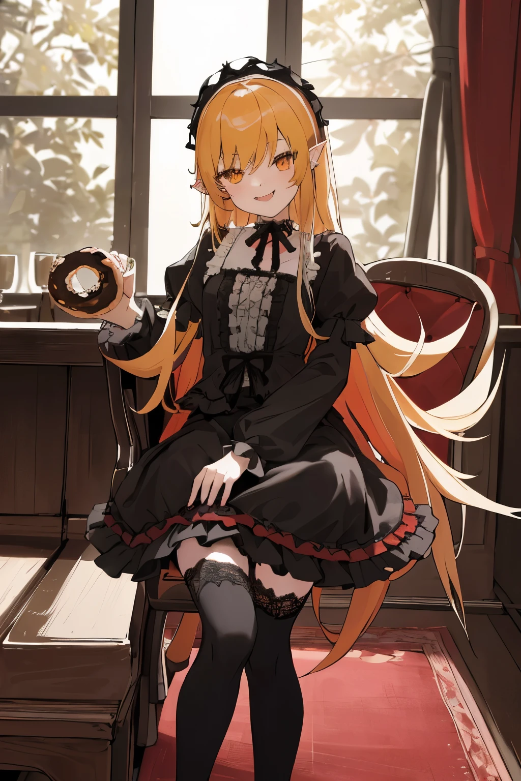 masterpiece, best quality, highres, aashinobu, aged down, long hair, pointy ears, (gothic lolita), (black and red gothic lolita), (black thighhighs, standing, lace stockings, black pumps, holding donut, sitting, sit Chair, cowboy shot, smile, fang, indoors, restaurant