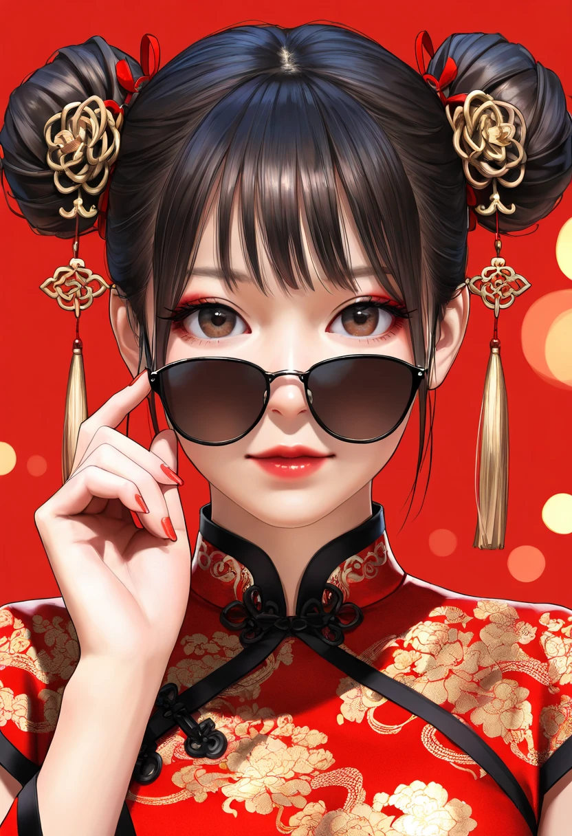 (best quality,4k,8k,highres,masterpiece:1.2),ultra-detailed,(realistic,photorealistic,photo-realistic:1.37),a beautiful black-haired girl in Chinese clothing,red background,looking at viewer,traditional Chinese dress,red qipao,Chinese style,modern Chinese fashion,red nail polish,brown eyes,beautiful detailed eyes,beautiful detailed lips,makeup,red lipstick,adjusting sunglasses,double buns,hairstyle,hair accessories,red dress,red and pink nails,simple background,2025 New Year,neon colors,studio lighting,portrait,New Year's outfit,Chinese New Year,traditional and modern fusion,highly detailed face,extremely detailed eyes and face,long eyelashes,physically-based rendering,sharp focus,vivid colors,bokeh, HDR,UHD,extreme detail description,professional,concept art,modern Chinese aesthetic,high fashion,contemporary style,Chinese cultural elements,red and gold tones,Chinese New Year 2025,Chinese traditional patterns,modern twist,Chinese elegance,stylish,graceful,high resolution,highly detailed,realism,photography,high contrast,clear details