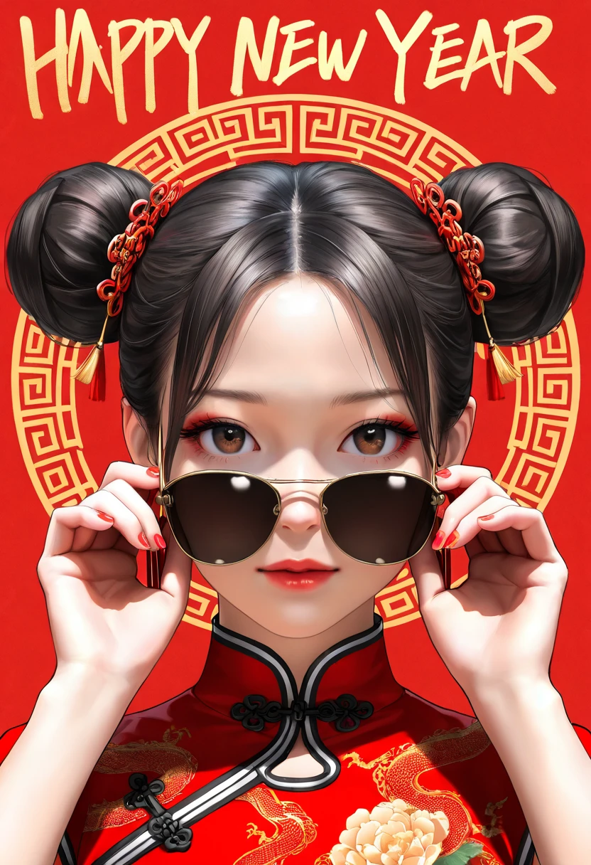 (best quality,4k,8k,highres,masterpiece:1.2),ultra-detailed,(realistic,photorealistic,photo-realistic:1.37),a beautiful black-haired girl in Chinese clothing,red background,looking at viewer,traditional Chinese dress,red qipao,Chinese style,modern Chinese fashion,red nail polish,brown eyes,beautiful detailed eyes,beautiful detailed lips,makeup,red lipstick,adjusting sunglasses,double buns,hairstyle,hair accessories,red dress,red and pink nails,simple background,2025 New Year,neon colors,studio lighting,portrait,New Year's outfit,Chinese New Year,traditional and modern fusion,highly detailed face,extremely detailed eyes and face,long eyelashes,physically-based rendering,sharp focus,vivid colors,bokeh, HDR,UHD,extreme detail description,professional,concept art,modern Chinese aesthetic,high fashion,contemporary style,Chinese cultural elements,red and gold tones,Chinese New Year 2025,Chinese traditional patterns,modern twist,Chinese elegance,stylish,graceful,high resolution,highly detailed,realism,photography,high contrast,clear details