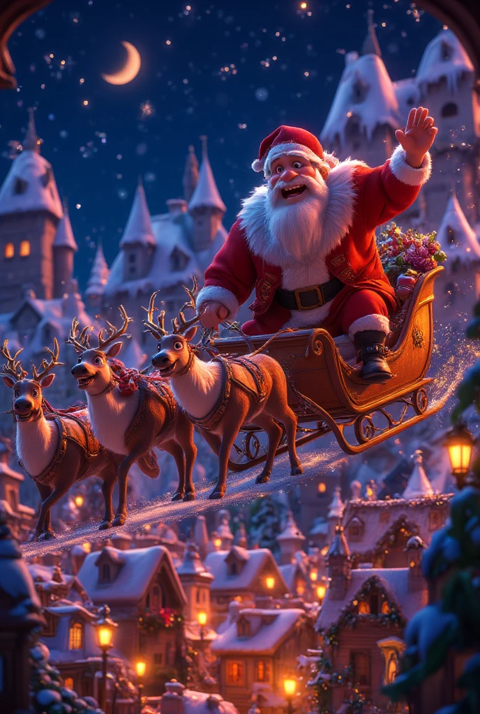 highly detailed, dynamic, cinematic, stunning, realistic lighting and shadows, vivid, vibrant, octane rendering, Unreal Engine, highly detailed, concept art, realistic, cry engine, (dramatic, grainy, intense: 1.4), highest quality, 32k uhd, incredibly detailed, intricately detailed, ultra detailed, ultra high quality, high detail, ultra detailed, masterpiece, A magical 3D Disney-style animation scene of (huge muscular Santa Claus) riding his sleigh, pulled by eight majestic reindeer, soaring high across a starry Christmas Eve sky. huge muscular Santa, dressed in his classic red suit and hat, waves cheerfully as he prepares to deliver presents to ren around the world. The sleigh sparkles with golden magic dust trailing behind, adding a whimsical glow to the scene. Below, a picturesque town is beautifully decorated with festive Christmas lights, with rooftops and trees shimmering in warm colors. The streets are bustling with tiny glowing details of families celebrating indoors. The night sky is deep blue, dotted with twinkling stars and the soft glow of a crescent moon, creating a sense of wonder and warmth. The style is vibrant and colorful, capturing the charm and magic of a Disney animated holiday story.
