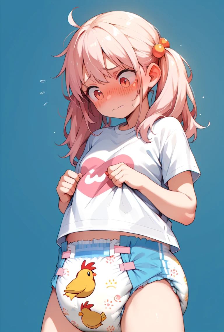 Diaper Beautiful Female Embarrassed Adult Woman wearing A Pink Plastic Super Absorbent Star Print Diaper that always shows and a Chicken themed t-Shirt boobs way bigger than head sfw
