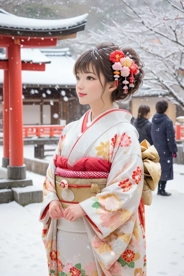 Snow falling in the grounds of a winter shrine. On the way home from the first shrine visit of the year, a cute girl in a beautiful kimono stands there. She is wearing the most gorgeous kimono we have ever seen, with vibrant colors and delicate embroidery. Her head is decorated with a feathered ornament, which stands out even more in the snow. She raises her hands slightly to catch the falling snow in her palms. A crowd has gathered around her, drawing everyone's attention. The light from the shrine's lanterns reflects off the snow, creating a fantastic atmosphere. The image quality is excellent, with natural soft lighting and highly detailed and realistic images. Ultra High Resolution, Best Quality, SLR Camera, (Movie Scene), Highly Detailed, Realistic Lighting, Smooth, Fujifilm XT3,