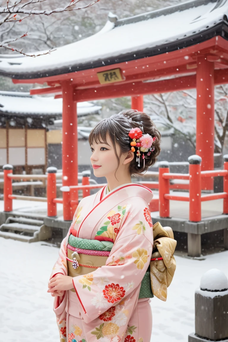 Snow falling in the grounds of a winter shrine. On the way home from the first shrine visit of the year, a cute girl in a beautiful kimono stands there. She is wearing the most gorgeous kimono we have ever seen, with vibrant colors and delicate embroidery. Her head is decorated with a feathered ornament, which stands out even more in the snow. She raises her hands slightly to catch the falling snow in her palms. A crowd has gathered around her, drawing everyone's attention. The light from the shrine's lanterns reflects off the snow, creating a fantastic atmosphere. The image quality is excellent, with natural soft lighting and highly detailed and realistic images. Ultra High Resolution, Best Quality, SLR Camera, (Movie Scene), Highly Detailed, Realistic Lighting, Smooth, Fujifilm XT3,