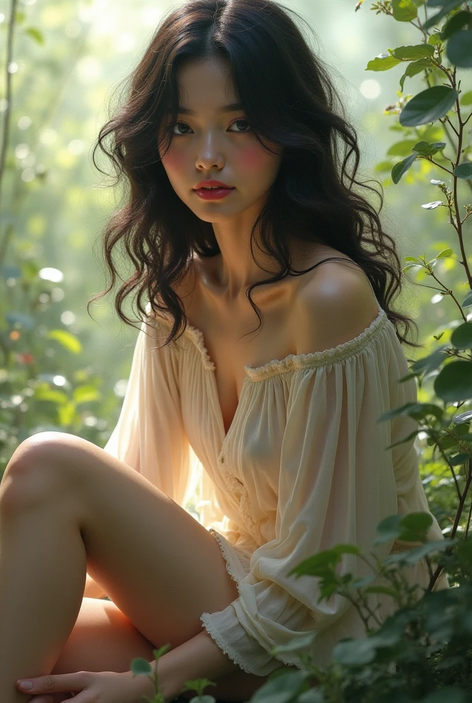 (masterpiece: 1.2, Distinguished Quality, mirror-like, cinematic experience), 8k, (A face with attention to detail, detailed skin texture, beautiful skin), a woman with long hair, wavy and jet black, a beautiful and innocent face, defined jaw. Long eyelashes and bright blue eyes like two beautiful spheres, Red lips. She is sitting on a log, at the bottom of a forest, with a white dress, wide hips and big breasts. attractive woman. (You can see your face with attention to every detail with maximum 8k quality, 4k.)