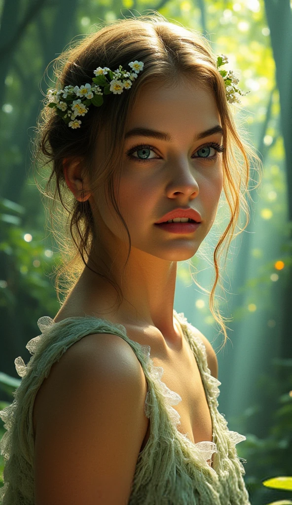 Digital pencil drawing, capturing the ethereal beauty and charming elegance of a forest fairy woman, looking like the blended looks of popular instagram models, vivid glowing, photorealistic, HDR