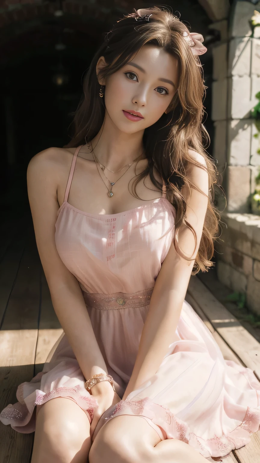best quality,masterpiece,8k wallpaper,absurdres, highres, ultra detailed, (ung beautiful girl, solo:1.1),aerith gainsborough \(cosplay\), necklace,brown_hair,long_hair,bracelet,pink_dress,hair_ribbon,hand on own knee, cellar,hand between legs,  full Sun light, big breast, transparent dress 