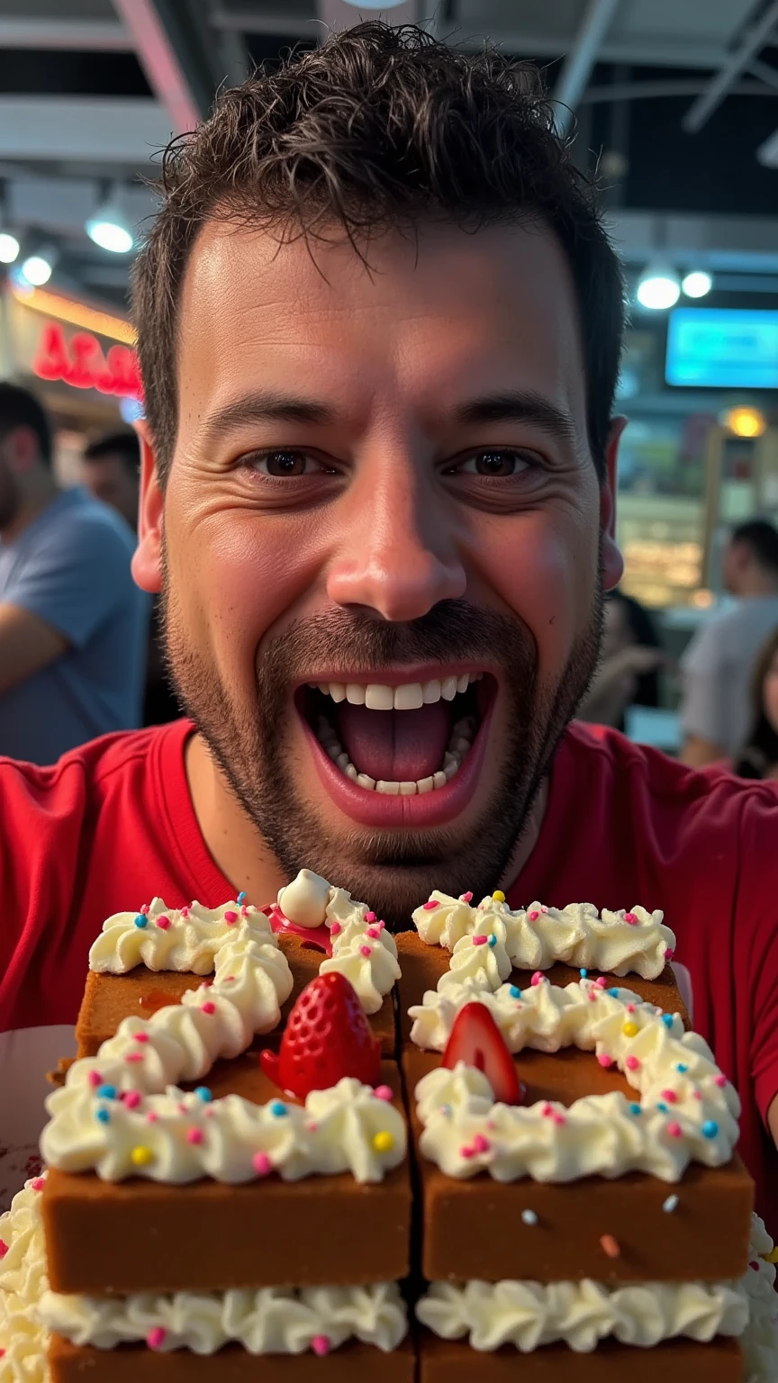 
“A hyper-realistic, cinematic depiction of a handsome man with a caricatured expression, his mouth wide open as if he is dramatically devouring a massive, cake-shaped 3D text that reads ‘2025.’ The text looks like an enormous, intricately detailed dessert with realistic frosting, layers, and decorations. The man’s eyes are mesmerizing, glowing with a captivating brilliance, and his skin is textured with lifelike detail, including subtle pores and dynamic lighting. The composition is visually striking, with vibrant colors and dramatic lighting enhancing the scene’s realism and intensity.”