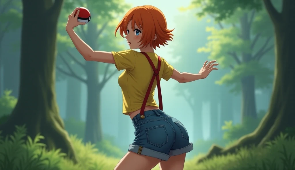 ((Misty)), (best qualityer), (great lighting), (Masterpiece artwork), (upper details), (whole body), (fully body),1 beautiful girl, (short orange hair tied to the side), blue colored eyes, (body skinny), breasts small, big-ass, small yellow shirt, (shirt too small), (part of the breasts on display), (red suspenders falling over the shoulder), very short denim shorts, (part of the butt visible), (scared, throwing a pokeball), forest background, (fine strokes), cinematic, 