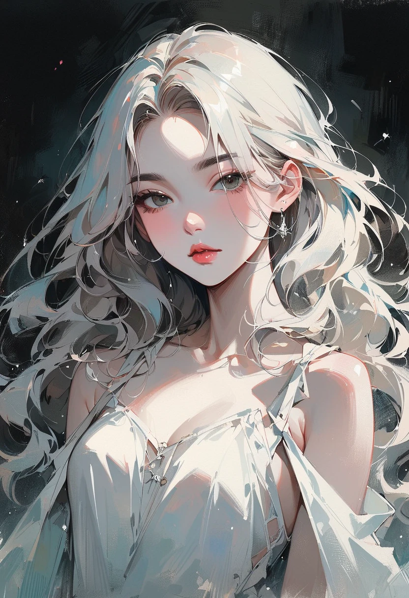 bare shoulder,sexy, cleavage,1 girl,portrait, curly hair,simple background, (masterpiece,best quality),lips, spark ,niji style, camisole, Blouse ,in the Liverpool,Gray gradient , anime,background,