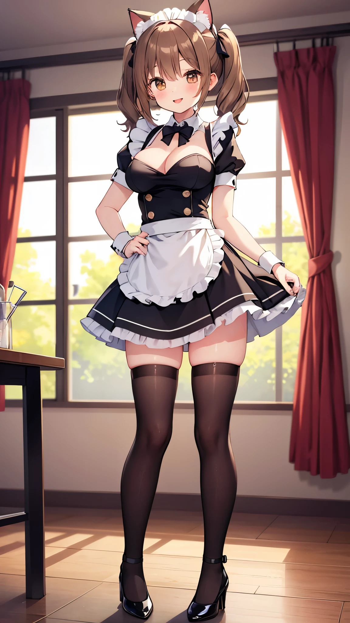 Solo Girl , solo boy ,, twin tails , light brown hair , brown eyes, Within the rise of the center , Top Quality, High Definition , very detailed, detailed background , perfect lighting 、Inside the maid cafe、 standing with different breasts ,I'm using an omelette , Put on the table , glossy lips , rabbit ear , detached color, strap leotard , Wrist Cuff , Black Knee High Socks 、 very cute,Big Breasted , Cute eyes from the right , eyes swollen ,smile,、cat,cat juice、 Brush、 embarrassing 、feet、black knee-highs、 black high heels 、 absolute domain 、 excited 、 skirt flip、 cleavage in years、 boobs that seem to spill、 on a long tongue
