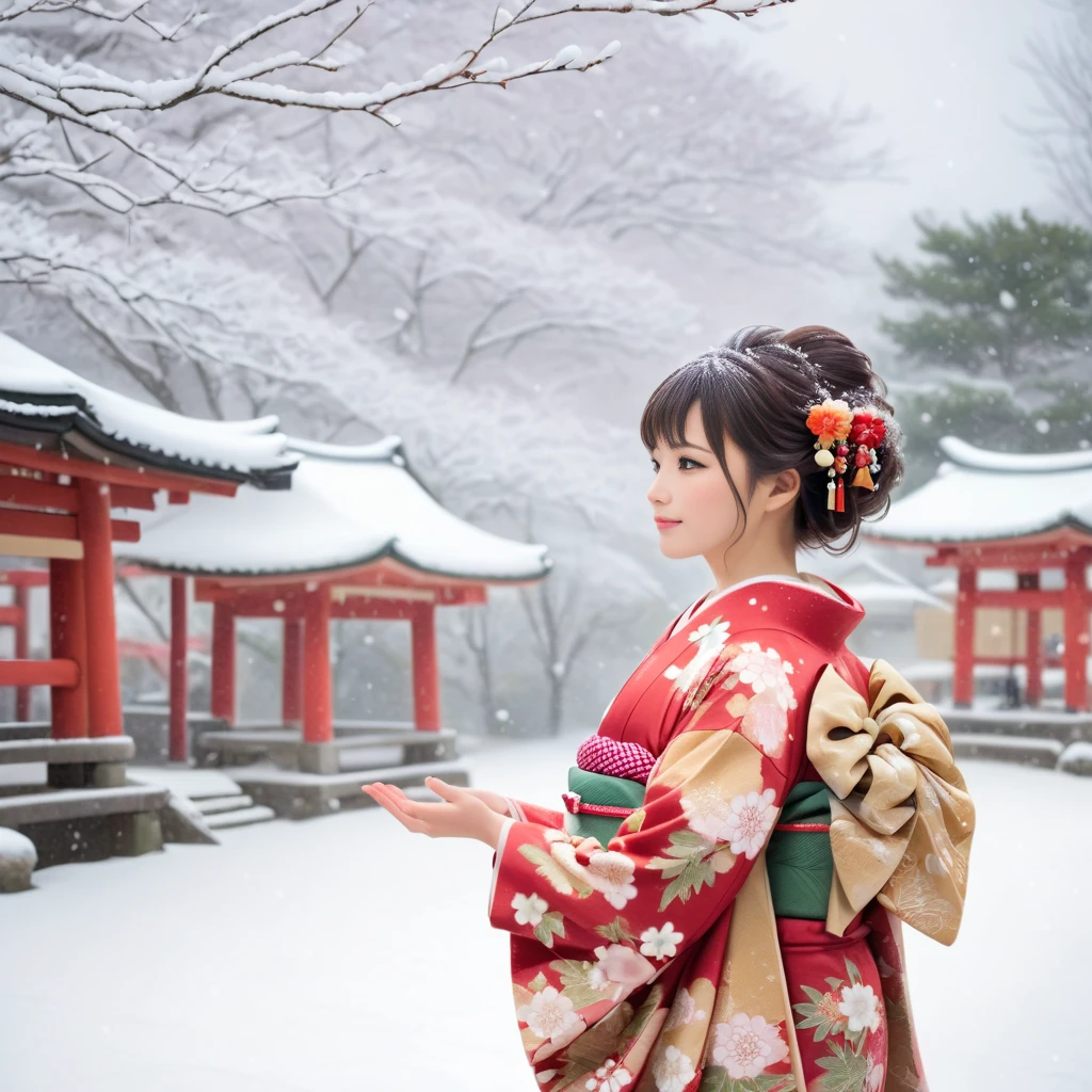 Snow falling in the grounds of a winter shrine. On the way home from the first shrine visit of the year, a cute girl in a beautiful kimono stands there. She is wearing the most gorgeous kimono we have ever seen, with vibrant colors and delicate embroidery. Her head is decorated with a feathered ornament, which stands out even more in the snow. She raises her hands slightly to catch the falling snow in her palms. A crowd has gathered around her, drawing everyone's attention. The light from the shrine's lanterns reflects off the snow, creating a fantastic atmosphere. The image quality is excellent, with natural soft lighting and highly detailed and realistic images. Ultra High Resolution, Best Quality, SLR Camera, (Movie Scene), Highly Detailed, Realistic Lighting, Smooth, Fujifilm XT3,