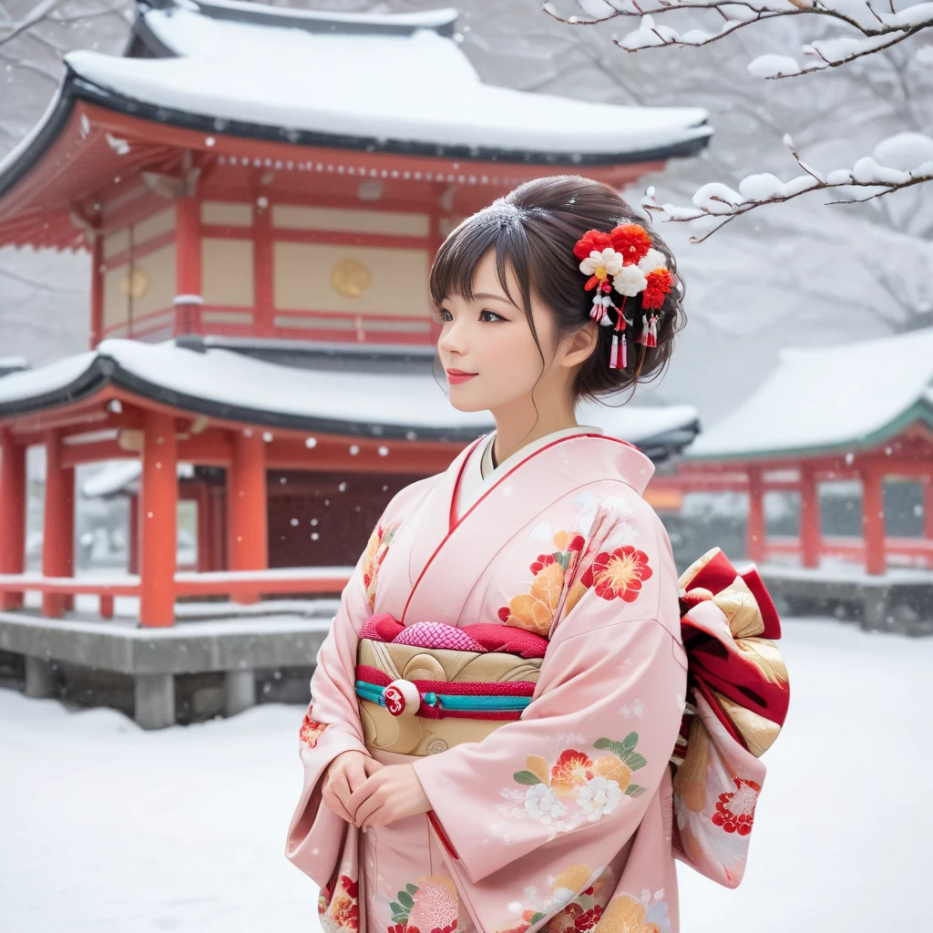 Snow falling in the grounds of a winter shrine. On the way home from the first shrine visit of the year, a cute girl in a beautiful kimono stands there. She is wearing the most gorgeous kimono we have ever seen, with vibrant colors and delicate embroidery. Her head is decorated with a feathered ornament, which stands out even more in the snow. She raises her hands slightly to catch the falling snow in her palms. A crowd has gathered around her, drawing everyone's attention. The light from the shrine's lanterns reflects off the snow, creating a fantastic atmosphere. The image quality is excellent, with natural soft lighting and highly detailed and realistic images. Ultra High Resolution, Best Quality, SLR Camera, (Movie Scene), Highly Detailed, Realistic Lighting, Smooth, Fujifilm XT3,