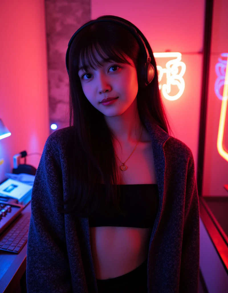 (((The glare of neon lights around the radio recording studio ))), ((whole body写真)), (( Dark Eyes)), (( nudes)), (( Completely naked)), ((bangsがある long hair)), ((Beautiful belly button)), ((  beautiful thighs )), (( beautiful waistline)), ((8k、  very detailed、  top quality))、(((  cute女の子)))、((Droopy eyes)),  Japanese 、bangs、  Balanced Eyes、  natural cosmetics、( realistic textures and sketch-like accuracy:1.3)、(  very beautiful :1.5)、  staring at the camera 、smile,((  top quality))、(masterpiece:1.4)、8k、((  highest image quality taken by Ki )),  beautiful face in every detail、 realisticな人の肌、 Gentle expression 、(1 person:1.4, 1 personの女性:1.3 )、 realistic、( long hair:1.4,  black hair:1.3)、( cute日本の女性アイドル:1.3)、(B cup bust:1.3、  balanced style  :1.2)、((At the recording booth  )), (  Her eyes are big  :1.3)、 26 Year Old Beautiful Woman 、(  her face is small  :1.3 )、Small Head、(Long neck:1.3)、  necklace 、(( headphones )), (  dynamism  :1.3)、(Larger clothes)、  detailed skin、  detailed face  、  on board for detailed eyes 、  The Real World、whole body、  Long Sleeve  、Droopy eyes、 cute、 Sex toy on small chest 、1 person、  very beautiful 日本のアイドル、(Oversized knit )、 beautiful  Japanese  woman 、超  detailed face  ,、  cute、  white skin、 white skinの美しい肌、 Teal Eyelids、Beautiful symmetrical face、Small face、 Beautiful Small Breasts 、  Real Human Skin 、詳細で realisticな人体、詳細で realisticな肌、  Woman Who Warms Her Body in a Hot Spring  、  detailed and realistic eyes、細部まで描き込まれた realisticな唇、 precise and realistic teeth 、Realistic ears、Detailed and realistic hair、  beautiful hands、 足の細部まで realisticに描かれている、 realistic breasts down to the last detail、 realistic areola down to the last detail、 realistic nipples down to the last detail、  realisticな女性の性器の詳細まで 、  Please roll up a jacket  、Detailed and realistic clitoris、 Detailed  realistic Anus 、細部までリアルなThick pubic hair、whole body、whole body白肌、 white skin、 Thick pubic hair 、Thick pubic hair、 concrete wall