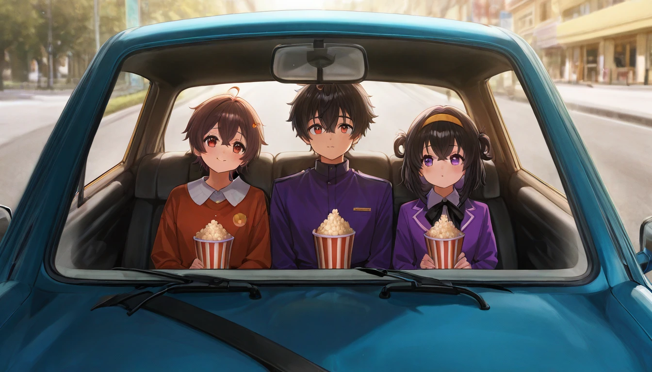 Movie Night : Um carro em um drive-in,  with a big screen showing a classic movie.  Two people inside the car ,  sharing popcorn .