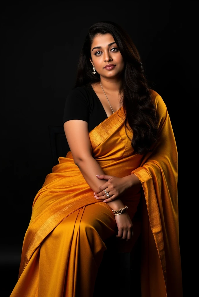 Malayali housw wife, wearing golden satin saree with  black blouse, long curly wavy hair until shoulder,dramatic lighting, rebrandt lighting scheme, sitting  pose, photoshoot for ethnic anklets  and  beautiful feet
