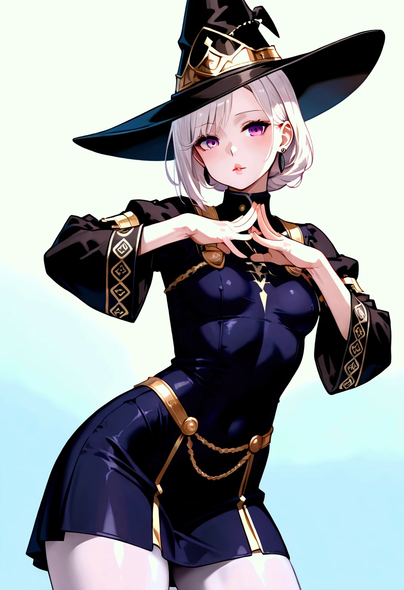 40-year-old woman, thin body, short white hair, one side longer than the other (hair). Tight dark blue dress, high collar, no adornments on the clothes, two large black earrings, short skirt, black wizard's hat with gold ornaments. . Calm and serene expression, purple eyes, hands together at the body making an attractive pose, defined lips, albino skin, combat clothing, small breasts, mature, mature woman, mature face, mature body, really beautiful,