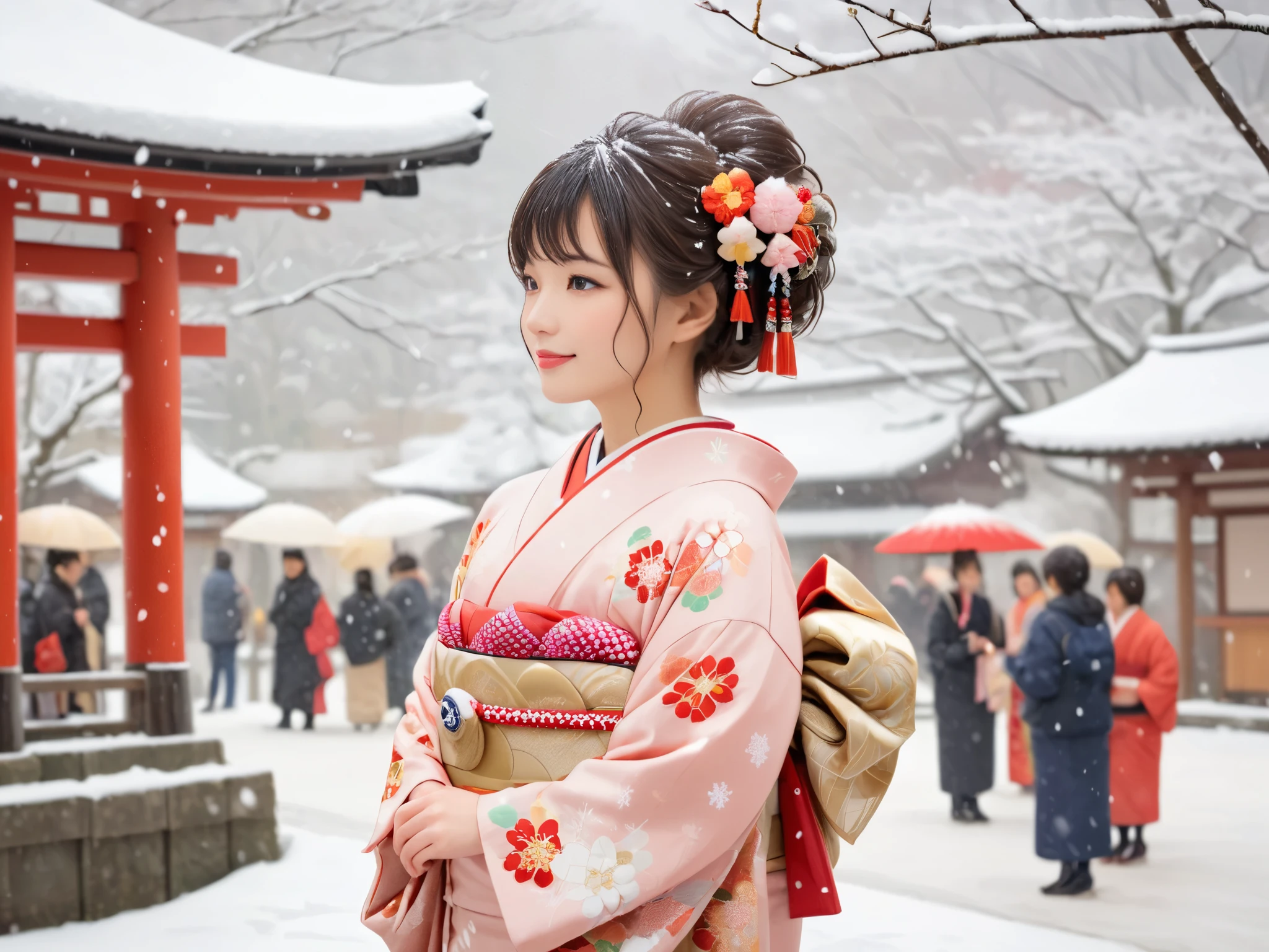 Snow falling in the grounds of a winter shrine. On the way home from the first shrine visit of the year, a cute girl in a beautiful kimono stands there. She is wearing the most gorgeous kimono we have ever seen, with vibrant colors and delicate embroidery. Her head is decorated with a feathered ornament, which stands out even more in the snow. She raises her hands slightly to catch the falling snow in her palms. A crowd has gathered around her, drawing everyone's attention. The light from the shrine's lanterns reflects off the snow, creating a fantastic atmosphere. The image quality is excellent, with natural soft lighting and highly detailed and realistic images. Ultra High Resolution, Best Quality, SLR Camera, (Movie Scene), Highly Detailed, Realistic Lighting, Smooth, Fujifilm XT3,