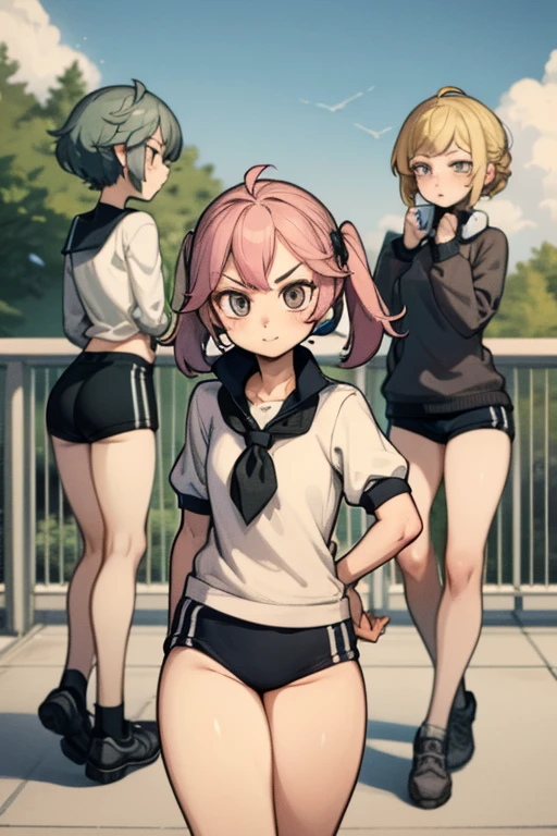 Four girls with pink hair, Long twin tail hairstyles, Small, bushy eyebrows, Wearing Gothic Lolita clothes, Lolicon (Zankuro) Drawing style by zankuro artist, Zancrow Style, Image uploaded to R34, Walk to school, Sexy smile, One Girl, , Black gym bloomers, High Leg、School Shirt, Jewel-like eyes、whole body、Blonde long hair、(Black gym bloomers)+(White blouse with collar)、Place your hands behind your back、Cowboy Shot、