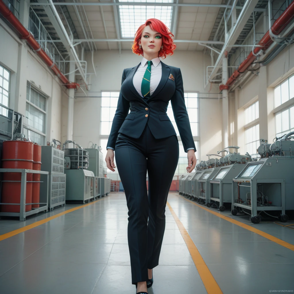 Combat Gynoid with long fiery red hair, (Medium Breasted:1.0) (Voluptuous:1.4) Wasp waisted Wide hipped Build, porcelain pale skin, green eyes, walking in a factory, wearing a form fitting black suit, seen from the top down, (3rd person Isometric Perspective:1.2)