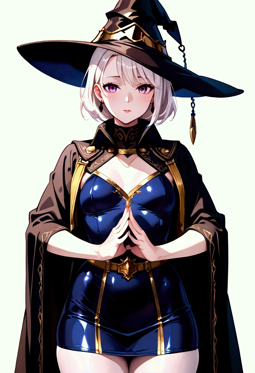 40-year-old woman, thin body, short white hair, one side longer than the other (hair). Tight dark blue dress, high collar, no adornments on the clothes, two large black earrings, short skirt, black wizard's hat with gold ornaments. . Calm and serene expression, purple eyes, hands together at the body making an attractive pose, defined lips, albino skin, combat clothing, small breasts, mature, mature woman, mature face, mature body, really beautiful,