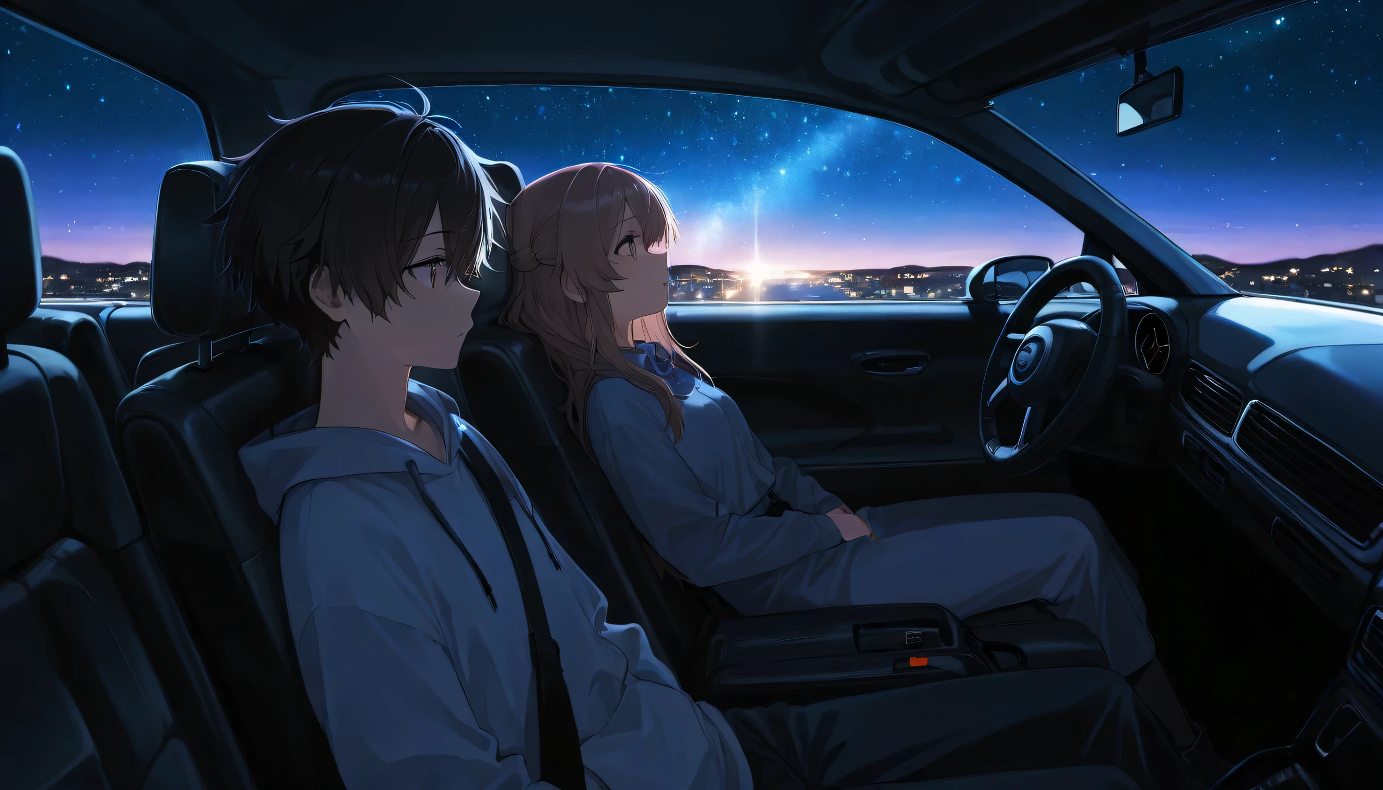 observing the stars: A couple in a ,  car with an open sunroof ,  lying in the back seats, Watching the starry sky.